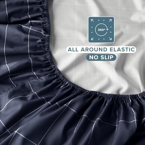 Bare Home Fitted Sheet (Queen, Grid - Midnight Blue/White)