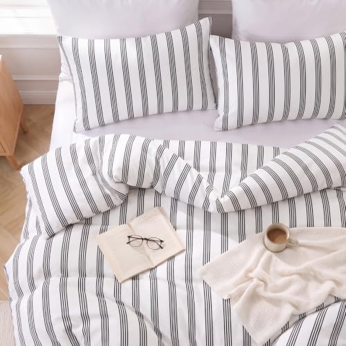 Bedbay Striped Queen Duvet Cover Set, 100% Cotton 300TC Sateen, Black White Stripe Bedding, Soft Smooth Breathable Hotel-Inspired Set, 3 Pieces with Zipper & 8 Corner Ties