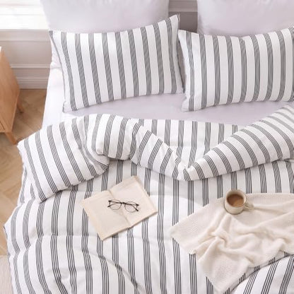 Bedbay Striped Queen Duvet Cover Set, 100% Cotton 300TC Sateen, Black White Stripe Bedding, Soft Smooth Breathable Hotel-Inspired Set, 3 Pieces with Zipper & 8 Corner Ties