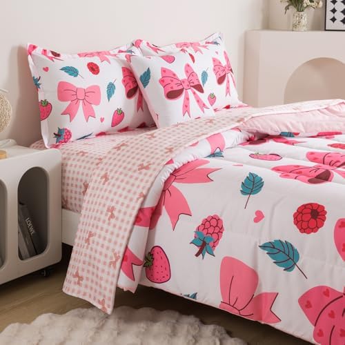 ADASMILE A & S Bows Comforter Twin Size for Girls 6Pcs Pink Bowknot Bedding