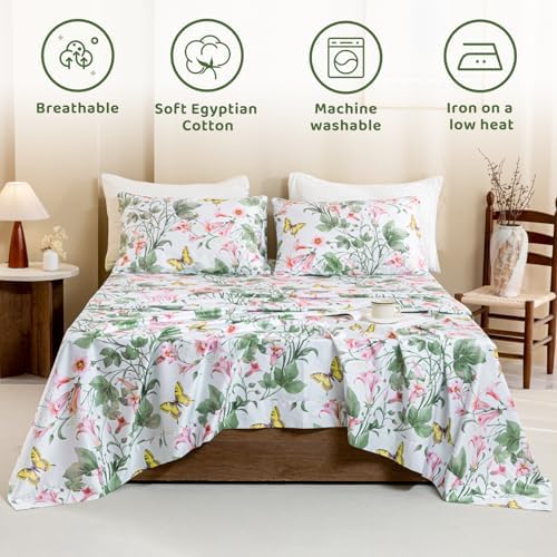 QSH Butterfly Bed Sheets Set Queen Size 100% Egyptian Cotton Sheet Wild Flower Leaves Printed Pattern Bedding Sheets Spring Floral Bedsheets Deep Pockets 4PCs