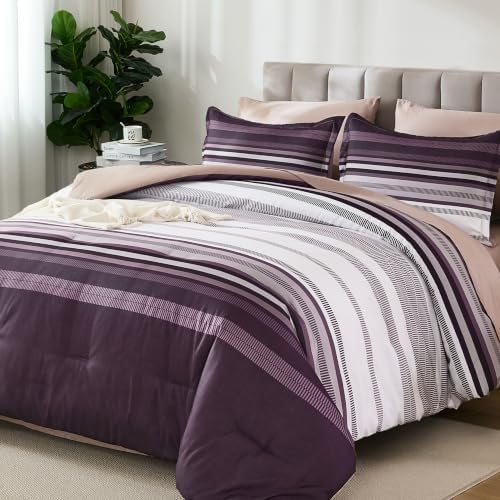 Dobuyly Purple Comforter Set King Size 7 Piece, Boho Striped Bed in a Bag King Soft Microfiber Bedding Sets with Comforter, Sheets, Pillowcases & Shams All Season