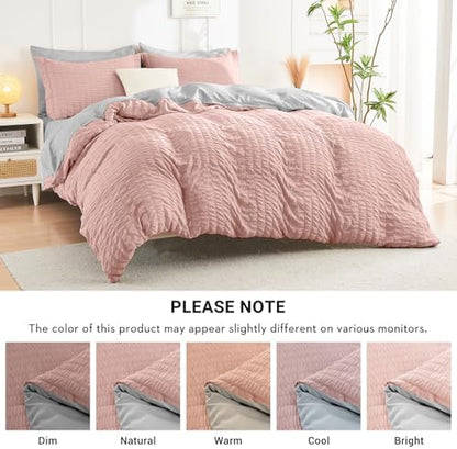 HYMOKEGE Rose Gold/Light Grey California King Comforter Set Seersucker 7 Pieces, All Season Luxury Bed in a Bag for Bedroom, Bedding Set with Comforter, Sheets, Pillowcases & Shams