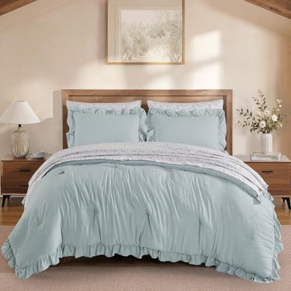 BLOOMHAVEN King Size Comforter Set-7 Pieces Ruffle Bedding Floral Sheet
