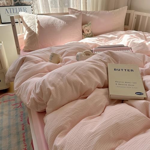 LifeTB Pink Gingham Comforter Set Twin XL Fluffy Soft Princess Style Girls Lace Bedding Set Vintage Plaid Checkered Comforter with 2 Pillowcases Farmhouse Gingham Bedding Grid Bed Comforter Set