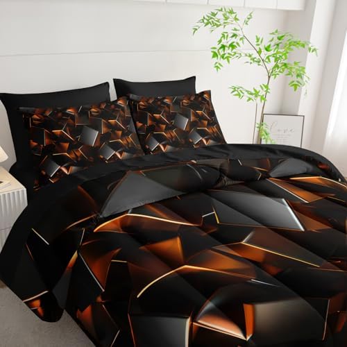 Nttopship Black and Yellow Geometric Comforter Set King Size 7PCS,Abstract Triangular Printed Bedding Set for Adults,Geometric Mordern Art Decor All Seasons with Pillowcases,Flat, Fitted Sheet