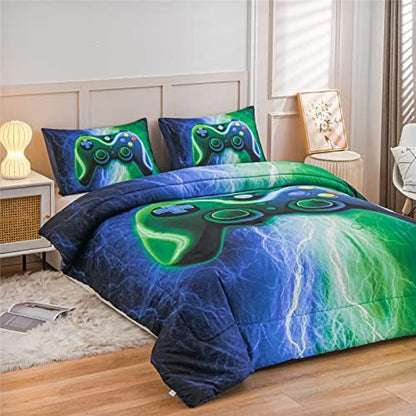 Meeting Story Gamer Gaming Bedding Sets Red Blue Lightnings Gamepad Comforter Set for Boys Games Console Action Buttons Novelty Colorful Modern Room Decor Home Quilt Set (Blue-Green, Twin)