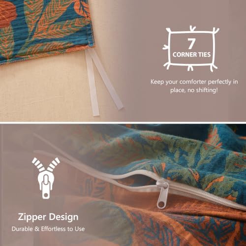 Simple&Opulence Muslin Duvet Cover Set King Size, 100% Washed Cotton 3 Pieces Yarn-Dyed Vintage Blue Floral Leaves Jacquard Textured Bedding, Soft Breathable Gauze Comforter Cover with Zipper Closure