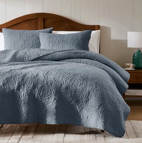 WDCOZY 100% Cotton Cal King Quilt Bedding Sets Floral Rosette Dusty Blue