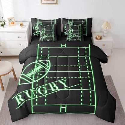 Erosebridal Boys Soccer King Comforter Set 7Pcsfor Kids Teens Black Green Bedding Comforter Sets, Sports Gaming Bed in a Bag Green Football Field Bedding Set, Ball Game Bed Sheets Set Super Cozy