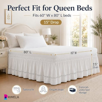 White Jacquard Bed Skirt Queen 16" Drop, Elastic Wrap Around Bedskirt