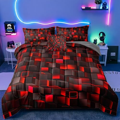6 Piece Bed in a Bag 3D Block Comforter Set Full Size for Boys Kids Room Vibrant Red Green Gaming Block Bedding Set for Boys Girls Kids Teens Bedroom Decorative Full11