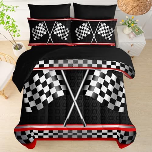 QOOMO Race Car 7 Pieces Comforter Set Queen,Racing Bedding Set for Kids