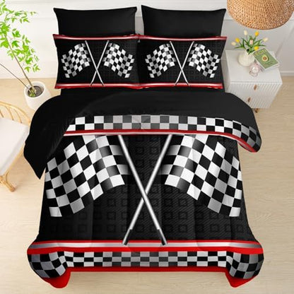 QOOMO Race Car 7 Pieces Comforter Set Queen,Racing Bedding Set for Kids