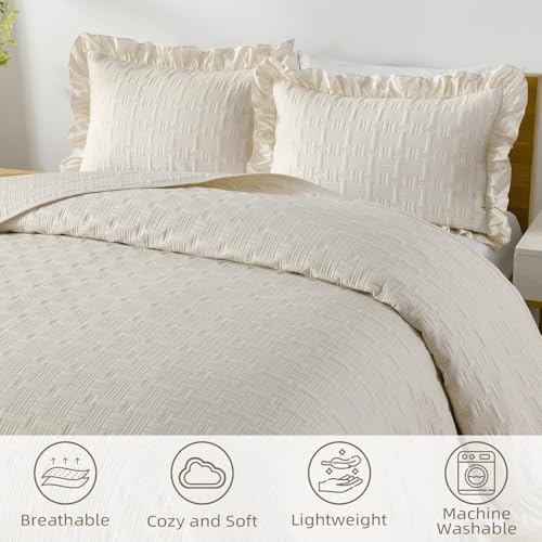DJY California King Quilt Bedding Set, Ruffled Bedspreads, Beige