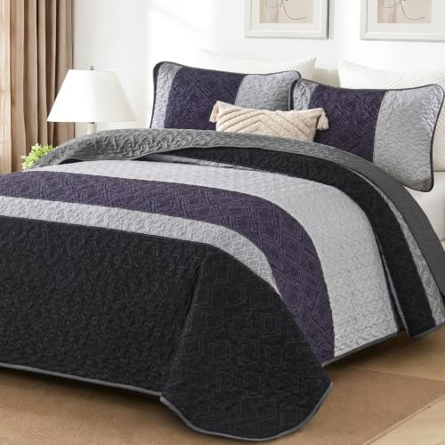 Cottolester Boho King Size Quilt Set,Black Purple Striped Bedsperads Set