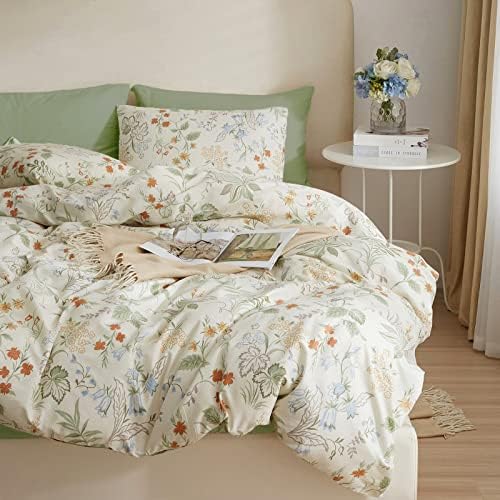 mixinni White Duvet Cover Set with Green Leaves Twin XL Size 100% Cotton Flower Printed Bedding Set 1 Duvet Cover 2 Pillowcases for Teen Girls, Ultra Soft, Breathable, Comfortable(3pcs, Twin XL Size)