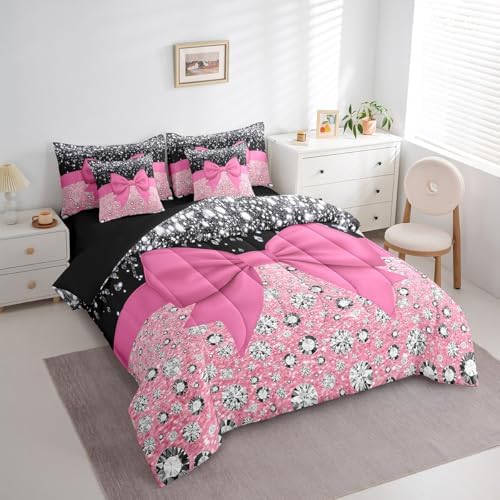Pink Bowknot Bed in a Bag King Size Comforter Set 7 Pieces,Cute Bow Knot Bedding Set,Kawaii Silk Ribbon Sheet Set Glitter Sequin Print Diamond Bed Set,Dreamy Princess Style Pink Home Decor