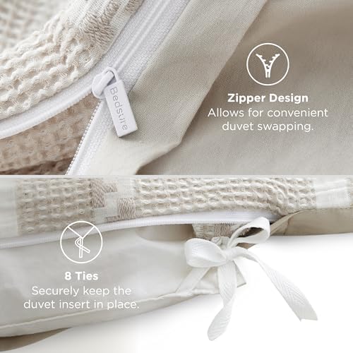 Bedsure PureWoven Boho Striped Cotton Waffle Duvet Cover Set, Queen, Linen