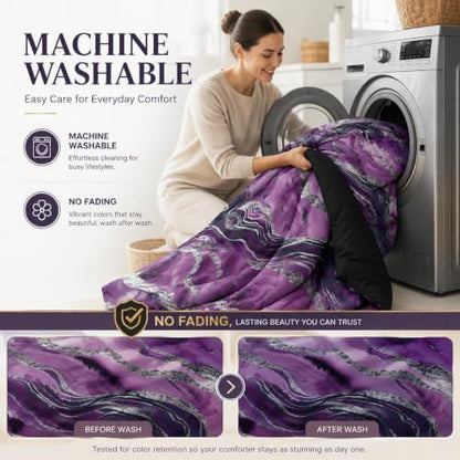CCoutueChen Black Purple Marble Comforter Set Full Size, Modern Style