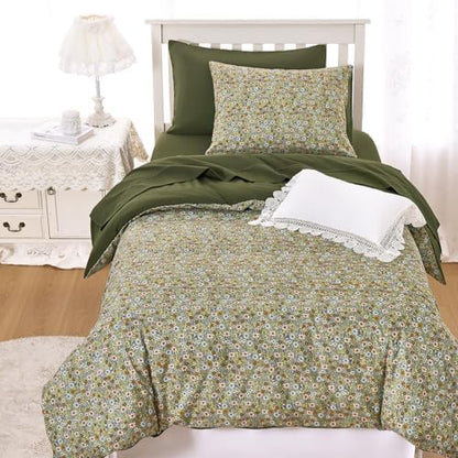 Wake In Cloud - Floral Comforter Set, Cute Vintage Flower Cottagecore Aesthetic for Women Teen Girls, Soft Lightweight Dorm Bedding, 3 Pieces, Olive Green, Twin/Twin XL Size
