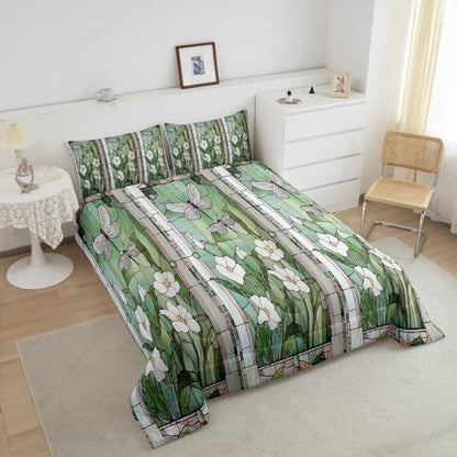 jejeloiu Stained Glass Comforter Set Twin Size Kids Meadow Floral Flower Bedding Set for Boys Girls Teens Spring Theme Duvet Breathable Butterfly Quilt Bedroom Decor,1 Comforter with 1 Pillowcase