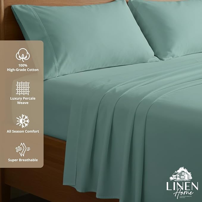 Linen Home 100% Cotton Percale Sheets King Size, Aqua Blue, Deep Pocket, 4 Pieces Set - 1 Flat, 1 Deep Pocket Fitted Sheet and 2 Pillowcases, Crisp Cool and Strong Bed Linen