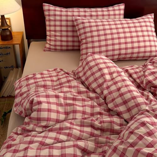 Mucalis Red Gingham Plaid Duvet Cover Queen Washed Cotton 3-Piece Beige Checkered Bedding Set Full Zipper Closure,Soft Breathable Grid Patterned Comforter Cover (1 Duvet Cover+2 Pillowcases)