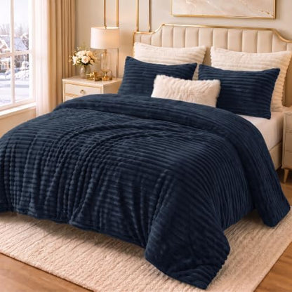 CozyLux Fleece Full Size Comforter Sets, 3 Piece Warm Navy Blue Bedding