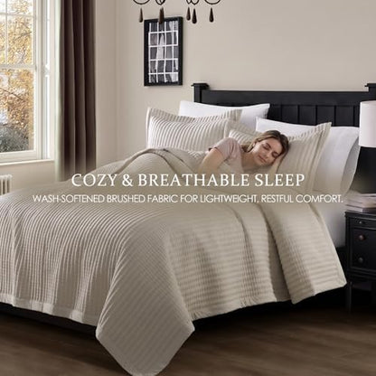 WDCOZY Beige Queen Size Quilt Set, Striped Pick Stitch Bedspread