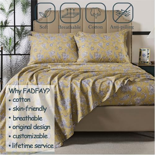 FADFAY 100% Cotton King Sheet Set, Olive Green Paisley Floral Bed Sheets, Deep Pocket Fitted Sheet, Pet-Friendly Soft Breathable Cozy Bedding for All Seasons, 4-Piece