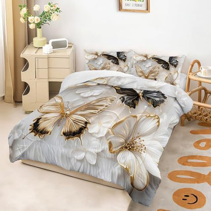 Luxury 3D Butterfly Comforter Set Full Size for Teen Boys Girls,Black and Goldern Butterfly Bedding Set,White Floral Print Quilt Set for Adults Women Bedroom Decor