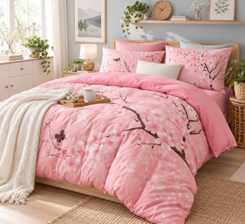 CCoutueChen Pink Cherry Blossom Comforter Set Queen,Japanese Floral Bedding