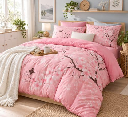CCoutueChen Pink Cherry Blossom Comforter Set Queen,Japanese Floral Bedding