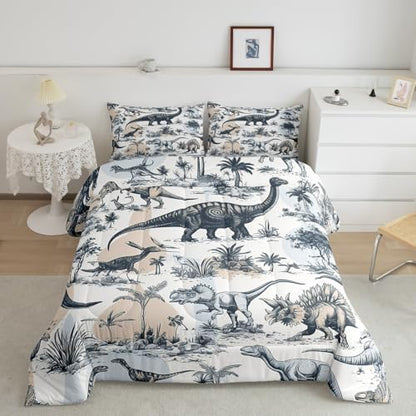 Erosebridal Kids Dinosaur Comforter Set, Dino Palm Tree Bedding Set Queen Size for Boys Teens Adult Bedroom, Ancient Animal Duvet Sets Mountain Tropical Botanical Quilted Duvet with 2 Pillow Cases