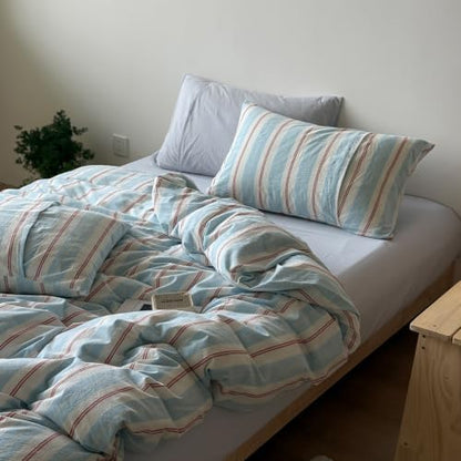 LifeTB Retro Striped Duvet Cover Set King 100% Washed Cotton Bedding Set