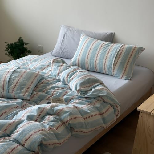 LifeTB Retro Striped Duvet Cover Set Twin 100% Washed Cotton Bedding Set