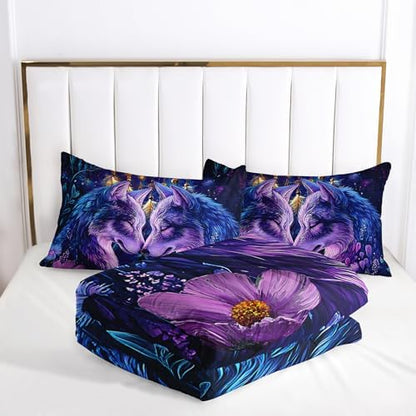 Purple Wolf Bedding Comforter Set Full Size，Dreamcatcher Flower Quilt Bedding Set Full，with 1 Comforter with 2 Pillow Case，Wolf Bedroom Decor for Kids Girls Boy