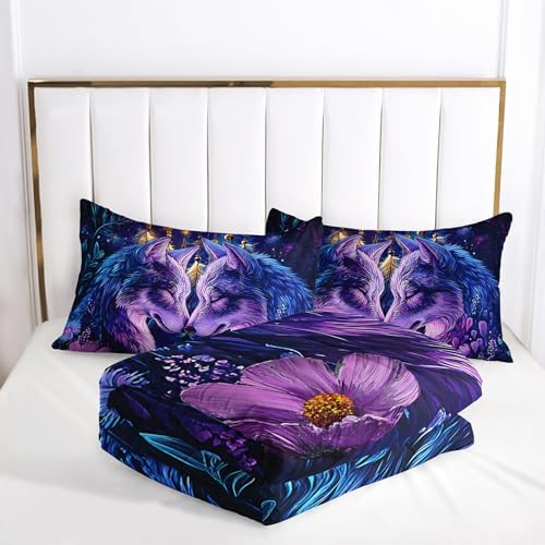Purple Wolf Bedding Comforter Set Queen Size，Dreamcatcher Flower Quilt Bedding Set Queen，with 1 Comforter with 2 Pillow Case，Wolf Bedroom Decor for Kids Girls Boy