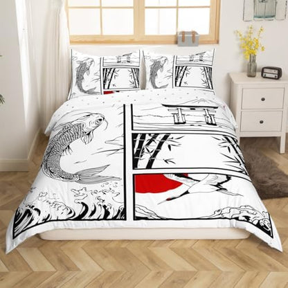 Feelyou Kids Japanese Koi Fish Duvet Cover Toddler Japanese Wave Crane Bedding Set Boys Girls Fuji Mountain Bamboo Comforter Cover Set Japan Tokyo Japanese-Style Bedspread Cover（No Comforter