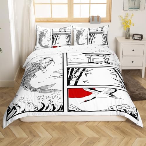 Feelyou Kids Japanese Koi Fish Duvet Cover Twin Size Japanese Wave Crane Bedding Set Boys Girls Fuji Mountain Bamboo Comforter Cover Set Japan Tokyo Japanese-Style Bedspread Cover（No Comforter