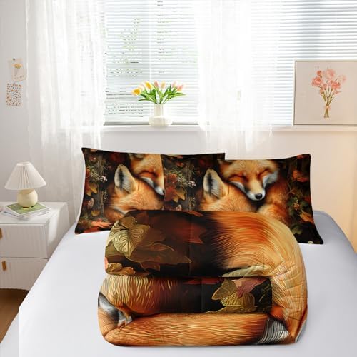 Nttopship Fox Comforter Set 3-Pieces King Size,Cute Foxes Bedding Set for Kids Boys Girls Cute Animal Comforter Wildlife Quilt Set 3D Animal Plants Leaves Printed ThemeComforter with 2 Pillowcases