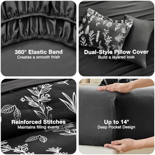 MUXHOMO Black Twin Comforter Set, Elegant Floral Print Bed in a Bag 5 Pieces, Ultra Soft & Breathable Reversible Botanical Pattern Bedding Set with Comforter, Sheets, Pillowcase, and Sham