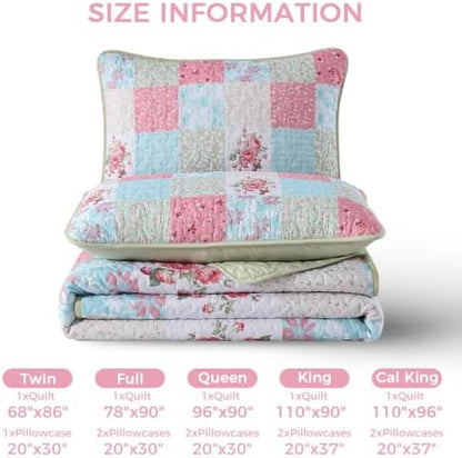 Mybedsoul Boho Quilts Queen Size, Patchwork Bedding Set, Blue Pink