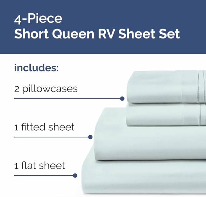 Short Queen Size 4 Piece Sheet Set - RV Short Queen, Soft, Breathable & Cooling Bed Sheets Set w/ Deep Pockets - Hotel Luxury Bedding for Women, Men, Kids, Teens, Boys & Girls - Oeko-Tex - Ice Blue