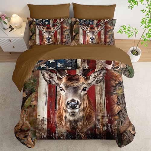 7Pcs Comforter Set American Flag Deer Printed Bedding Set with 1 Comforter, 1 Flat Sheet, 1 Fitted Sheet and 4 Pillowcases for Boys and Girls Bedroom All Season(Deer Twin)
