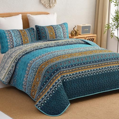 WONGS BEDDING Bohemian King Size,3 Pieces Soft Blue Bedspread Set