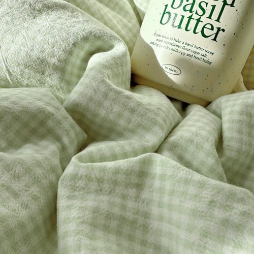 LifeTB Green Gingham Comforter Set Twin XL Romantic Lace Design Vintage Plaid Checkered Pattern Comforter with 2 Pillowcases Green Plaid Grid Bedding Comforter Set Fluffy Soft Gingham Bedding Set