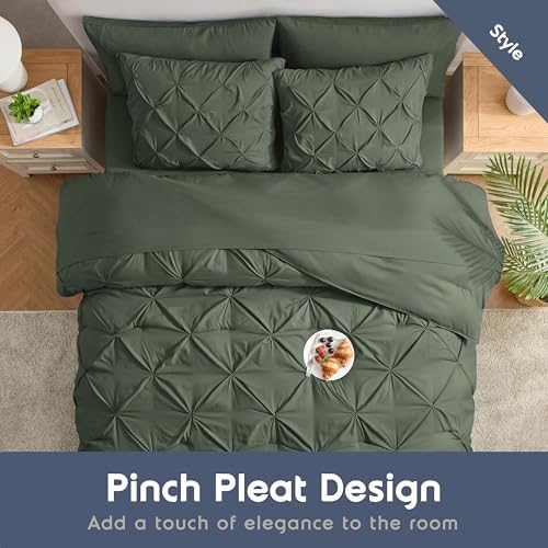 Nestl 9 Piece Full Comforter Set – Olive Green Pinch Pleated Bed in a Bag – Complete Full Size Bedding Set with Sheets, Set of 2 Cooling Pillows, Pillowcases and Shams