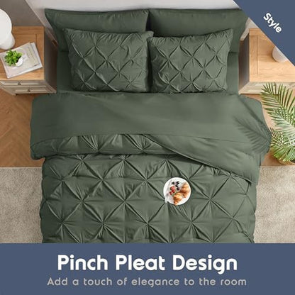 Nestl 9 Piece Full Comforter Set – Olive Green Pinch Pleated Bed in a Bag – Complete Full Size Bedding Set with Sheets, Set of 2 Cooling Pillows, Pillowcases and Shams